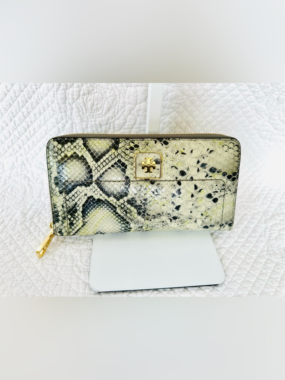 Tory Burch Yellow and Black Snake-Print Zip Wallet with Gold Logo